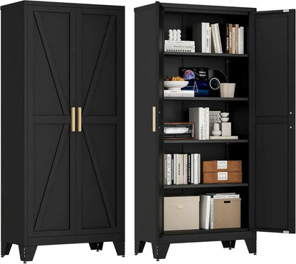 71-Inch Farmhouse-Style Metal Wardrobe Cabinet  White Two-Door Closet with Hanging Rod, Drawers, and Adjustable Shelving