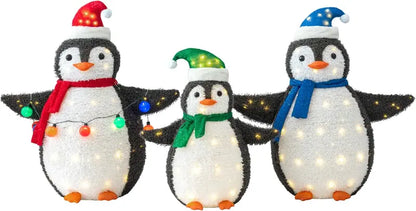 TECHSHARE 3-Piece LED Lighted Ceramic Penguin Set  Weather Resistant Christmas Outdoor Decor