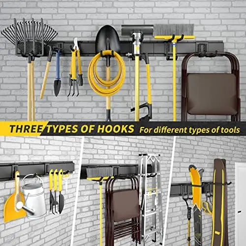 48″ Adjustable Wall-Mount Tool Organizer for Garage, Yard, & Garden  440lbs Capacity, Metal Hooks