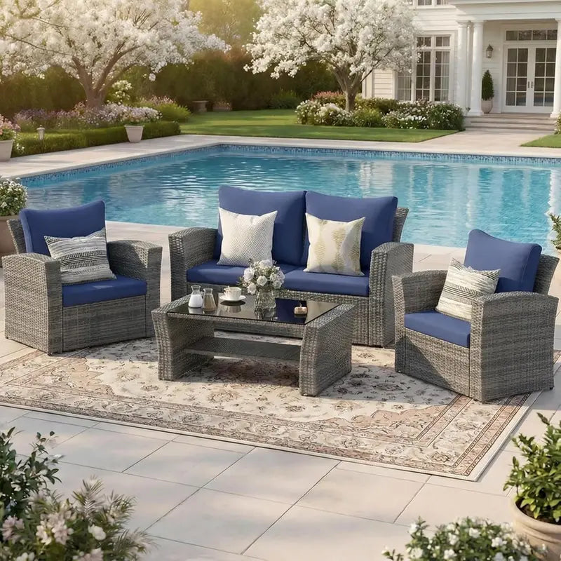 Wisteria Lane 4-Piece Navy Blue All-Weather Wicker Patio Sofa Set with Cushions and Glass Table