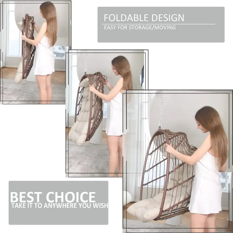 Nicesoul Foldable PE Wicker Brown Hanging Egg Chair With Stand Swing Chair With Cushion and Pillow Capacity 350lbs