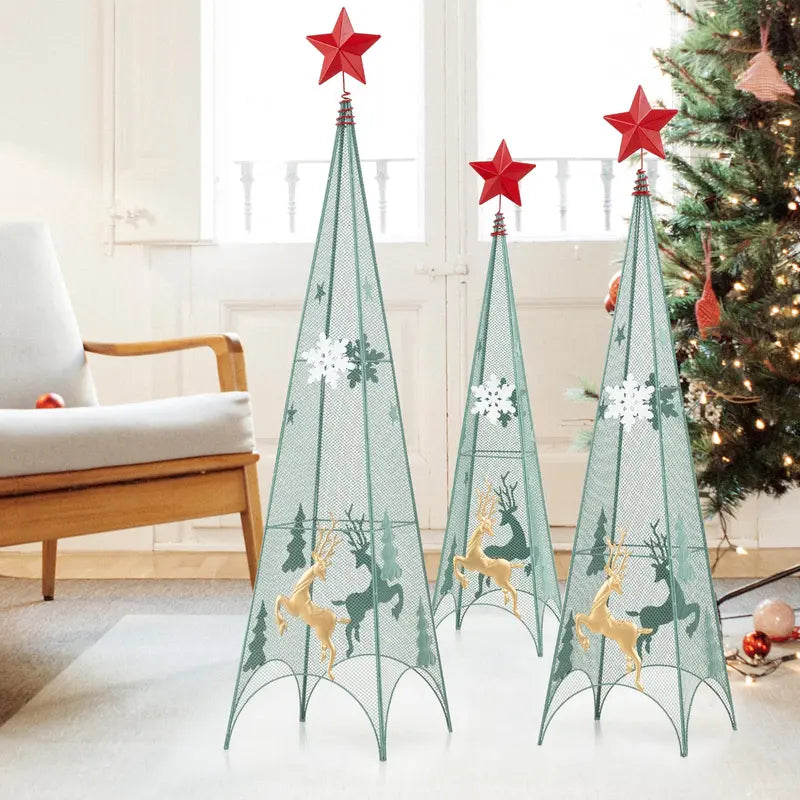 Three-Tier Tower-Style Artificial Christmas Trees — 3 ft, 3.5 ft, and 4 ft Metal Frames with Removable Star Toppers and Mini Reindeer Accents