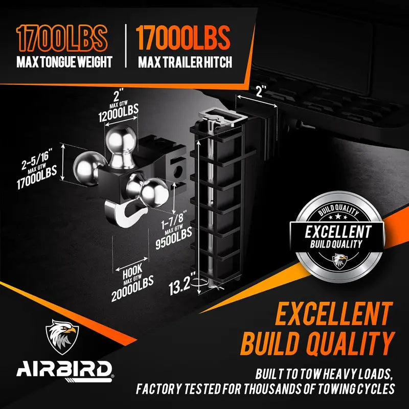 Heavy-Duty Tri-Ball Adjustable Trailer Hitch  2-Inch Receiver, 17,000 LB Capacity