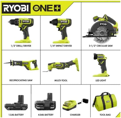 RYOBI ONE+ 18V 6-Tool Cordless Combo Kit  Drill, Impact Driver, Saw, Multi-Tool & LED Light