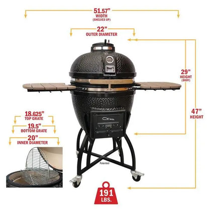 Kamado S-Series 22″ Ceramic Charcoal Grill  Black Kamado with Cart, Side Shelves, Dual Grates, and Ash Drawer