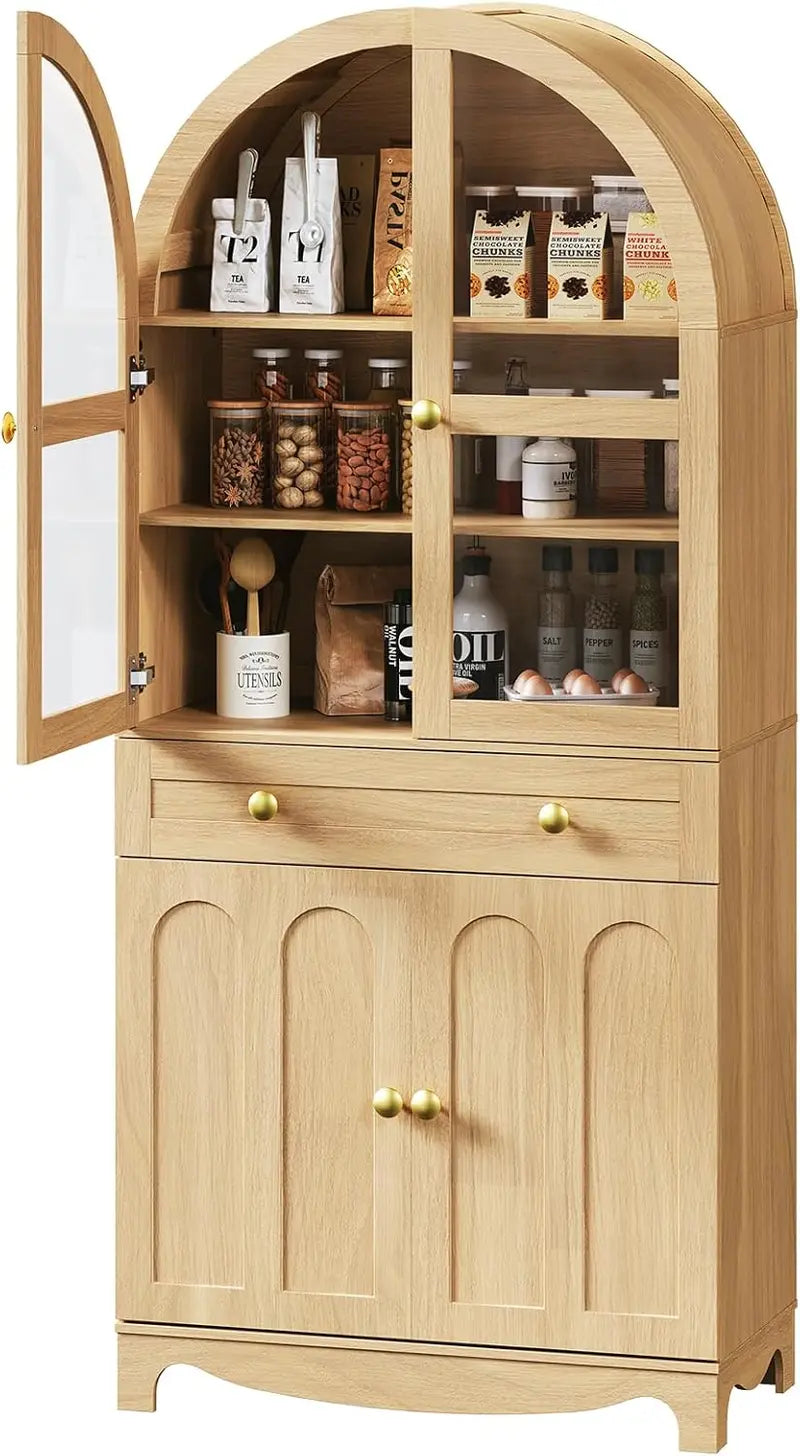 Rustic Arched Kitchen Cabinet  180 cm Tall Glass-Door Pantry with Drawers and Adjustable Interior Shelving