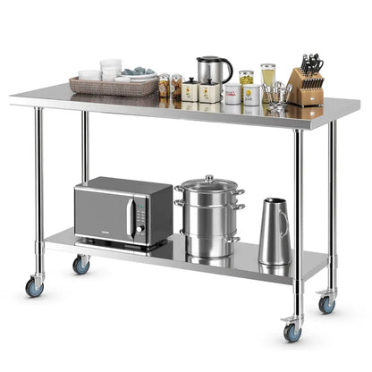 60-Inch Stainless Steel Rolling Kitchen Prep Table with Height-Adjustable Under-Shelf