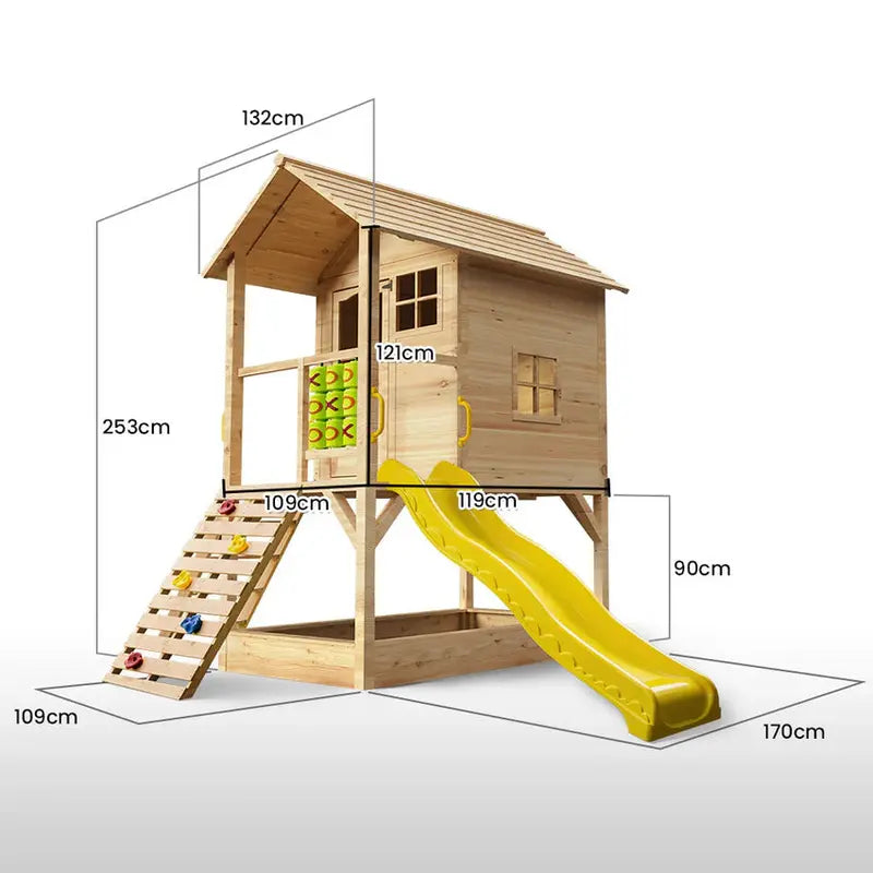 ROVO KIDS Wooden Tower Playhouse  Outdoor Cubby House with Slide, Climbing Wall & Sandpit