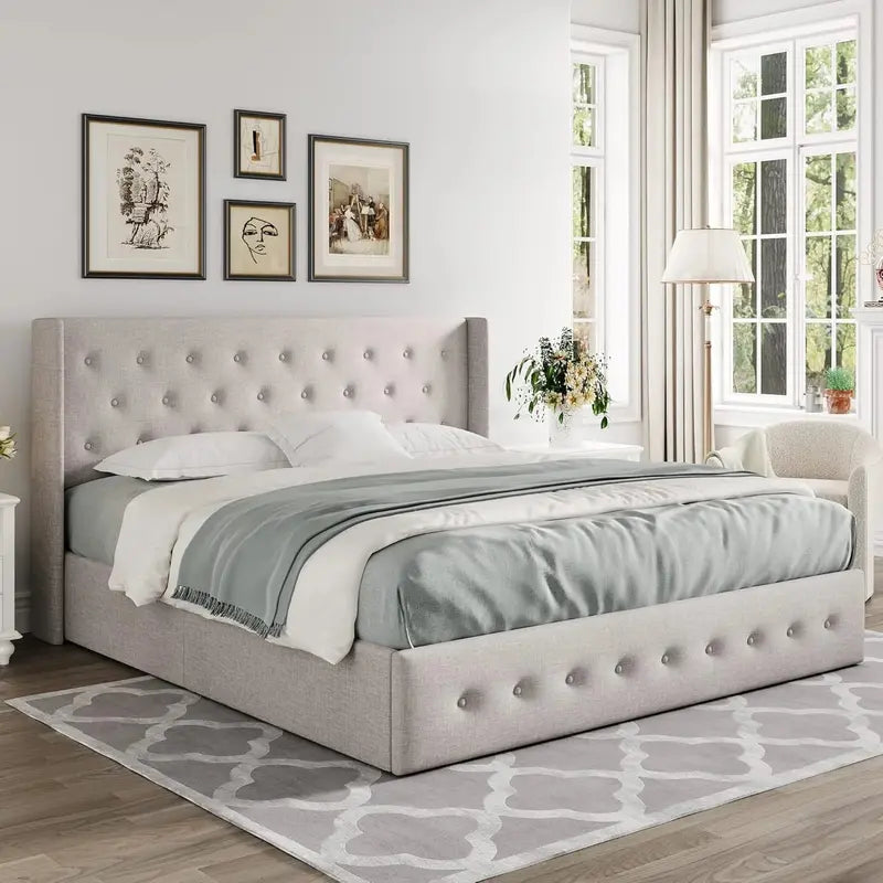 Allewie Modern Hydraulic Lift Queen Storage Bed  Wingback Headboard, Light Beige