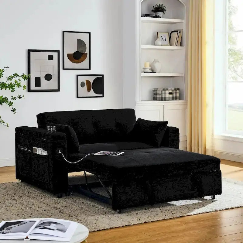 54-Inch Pull-Out Sleeper Sofa Bed  2-Seat Recliner with Storage, Lumbar Support & USB Port