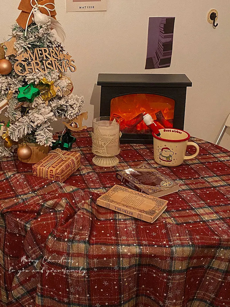 British Vintage Christmas Tablecloth — Red Plaid Design with Water-Resistant Finish