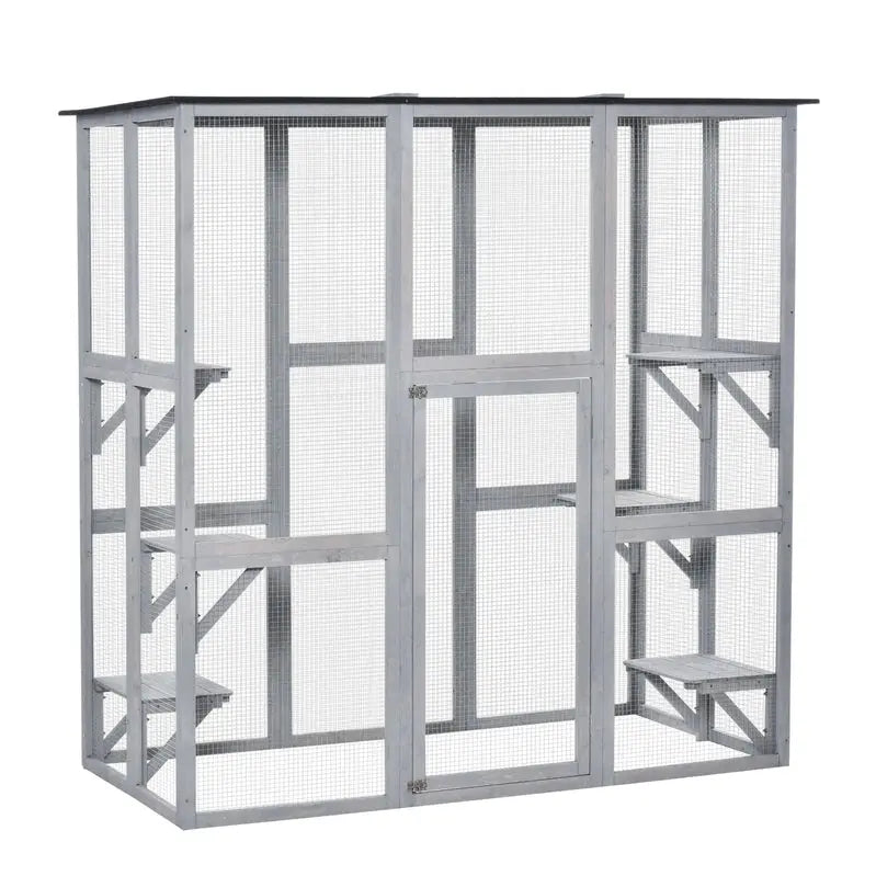 PAWHUT Large Wooden Catio Enclosure  Weatherproof Outdoor Cat Haven with Six Tiered Platforms (71″ x 38.5″ x 71″)