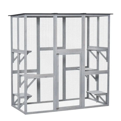 PAWHUT Large Wooden Catio Enclosure  Weatherproof Outdoor Cat Haven with Six Tiered Platforms (71″ x 38.5″ x 71″)