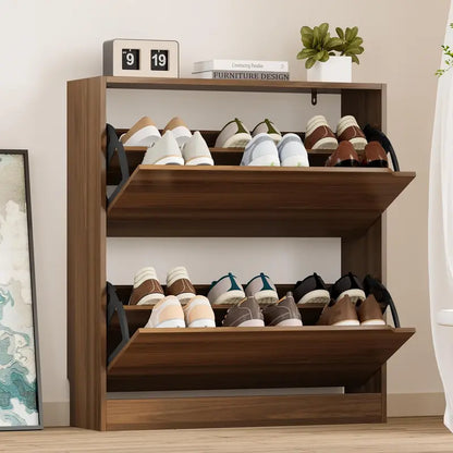Discreet Freestanding Wood Shoe Cabinet with Three Concealed Flip Drawers