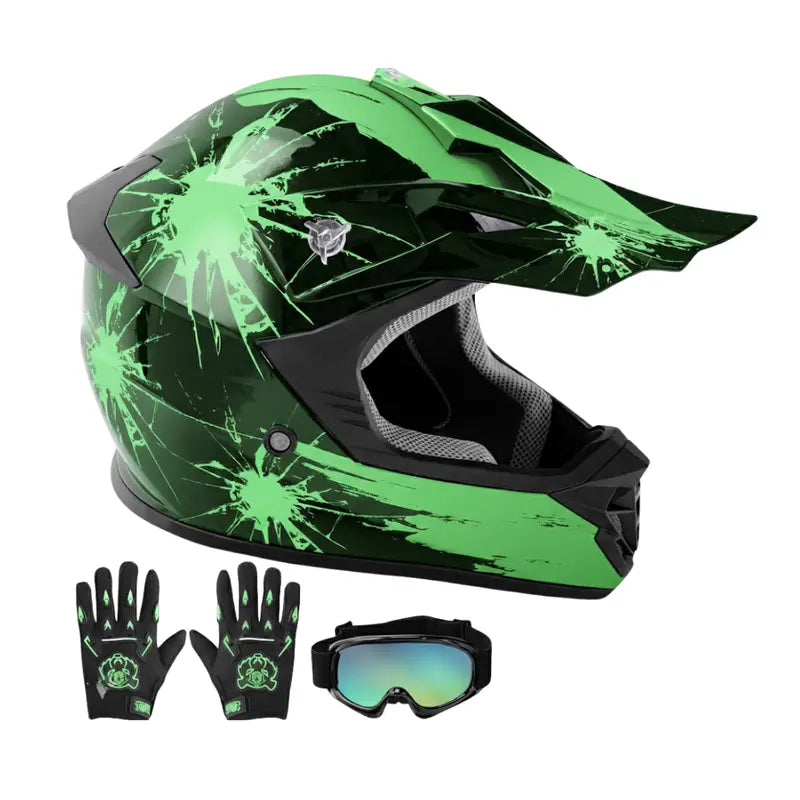 Youth Motorcycle Helmet Set Featuring Full-Face Protection, Goggles & Gloves