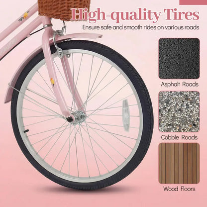 Classic Beach Cruiser Bike  Front Basket, Rear Rack, Bell  Designed for Teens & Adults