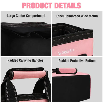 WORKPRO 13-Inch Soft Cloth Tool Bag  Lightweight Storage with Pink Ribbon Accents