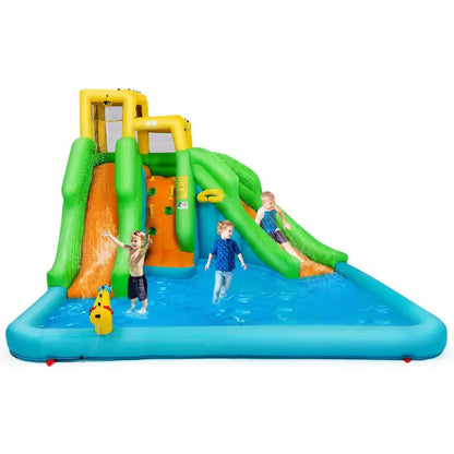 Multi-Function Inflatable Water Park  Climbing Wall, Dual Slides, and Splash Pool for Active Outdoor Play