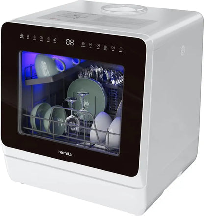 Hermitlux Countertop Mini Dishwasher  7-Program Portable Unit with 5L Built-in Tank, LED Display, Glass Door, No Plumbing Required