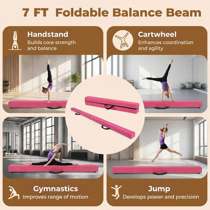 7-Foot Foldable Gymnastics Balance Beam with Non-Slip Foam Surface and Portable Design