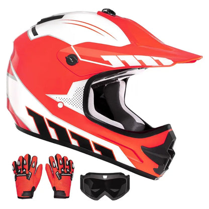 Youth Full-Face Dirt Bike Helmet Kit with Goggles and Riding Gloves