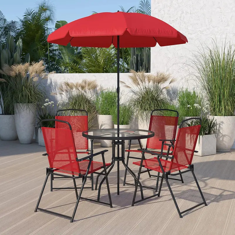 EMMA + OLIVER 6-Piece Brown Patio Set — Umbrella Table and Four Foldable Chairs