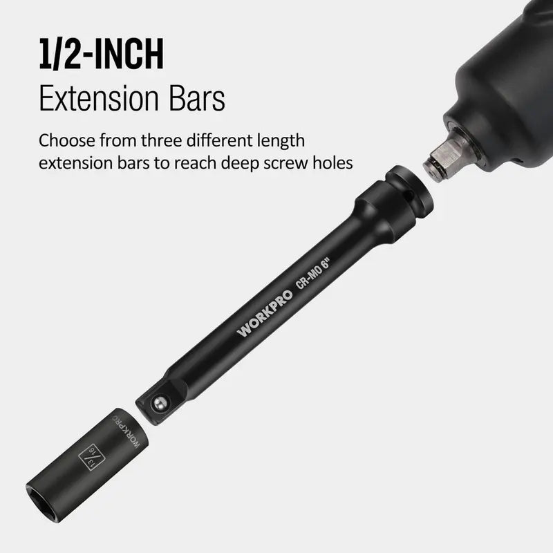 WORKPRO 3-Piece Heavy-Duty Impact Extension Bar Set: 3″, 6″, and 8″ (1/2″ Drive)