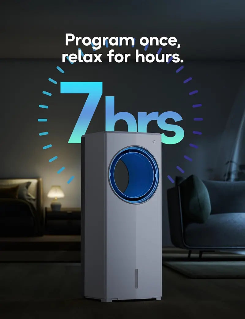 Windowless Evaporative Air Cooler  Compact 26.3″ Portable Unit with 3 Speeds, 4 Modes, 7-Hour Timer, Ice Packs & Remote for Bedroom Use