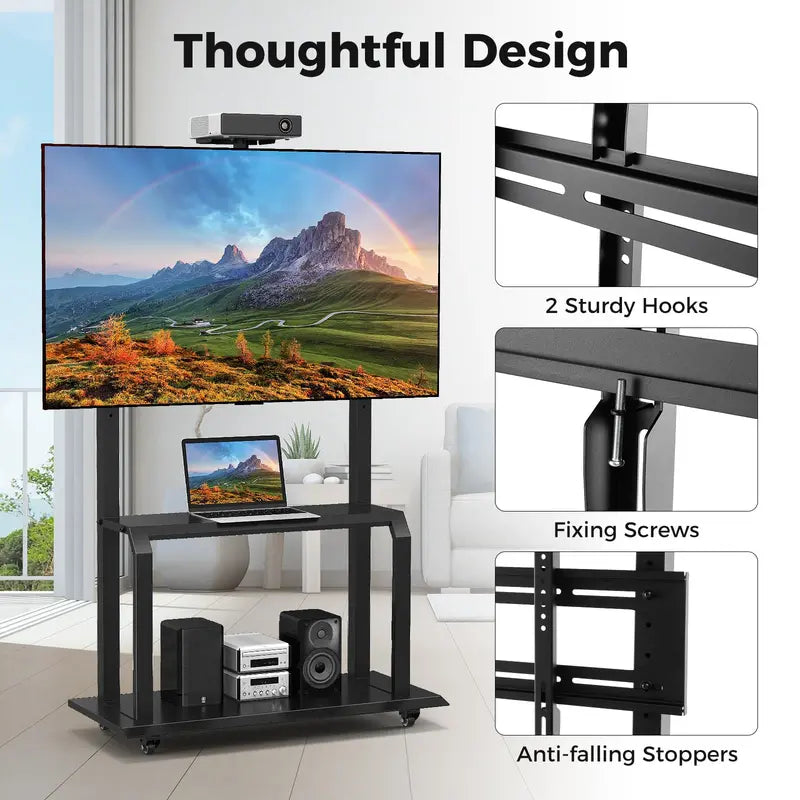 Rolling TV Stand with Camera Shelf and AV Storage Compartments