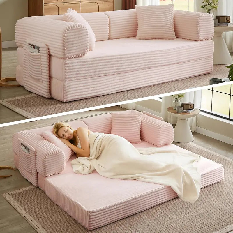 White Boneless Folding Sofa  81″ Corduroy Futon Couch Bed with Fixed-Shape Design for Small Spaces