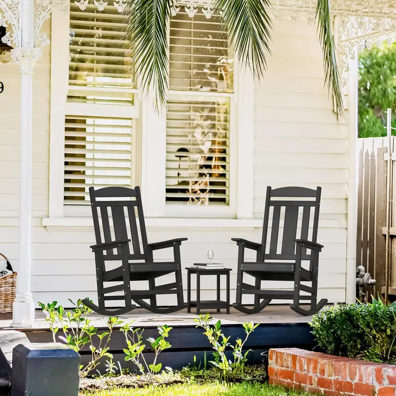 Heavy-Duty Outdoor Rocking Chair  Weatherproof Poly Plastic, 350 lb Capacity, High-Back Design for Porch or Patio (Black)