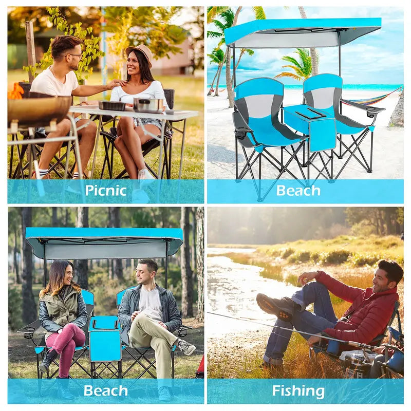 Dual-Person Camping Chair with Integrated Shade Canopy