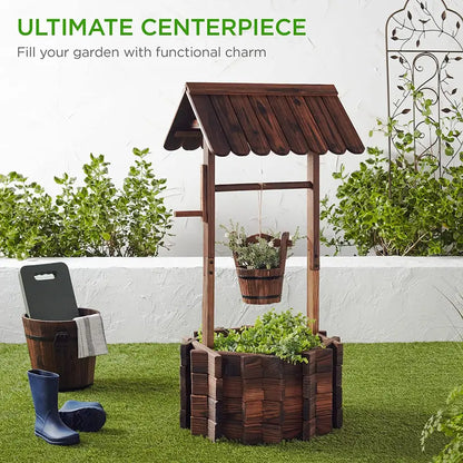 Rustic Wishing Well Planter  Handmade Wooden Outdoor Decor with Hanging Bucket
