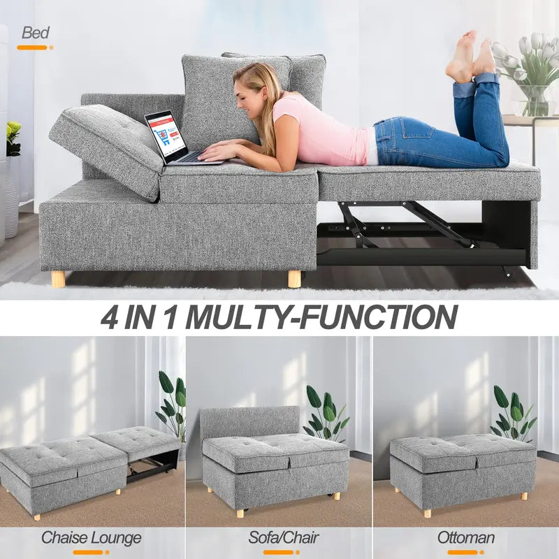 SEJOV 4-in-1 Convertible Sofa Bed with Adjustable Backrest &amp; Linen Fabric for Small Spaces