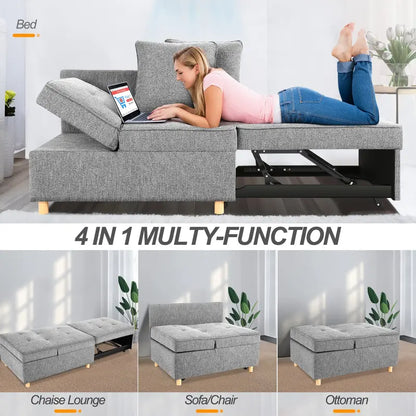SEJOV 4-in-1 Convertible Sofa Bed with Adjustable Backrest &amp; Linen Fabric for Small Spaces