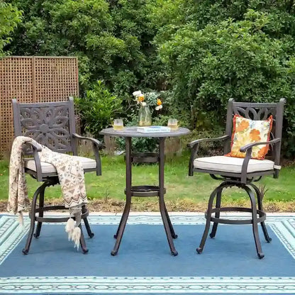 MAISON ARTS Cast Aluminum Patio Bar Set  3-Piece: 1 Swivel Bar Table + 2 High Stools