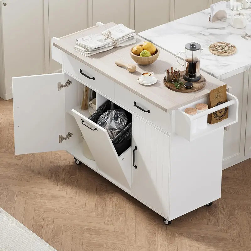 White Rotating Kitchen Island Cart  Foldable-Leg Trolley with Trash Bin, Towel Bar, Drawers, and Internal Shelves