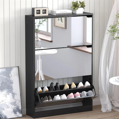 Discreet Freestanding Wood Shoe Cabinet with Three Concealed Flip Drawers