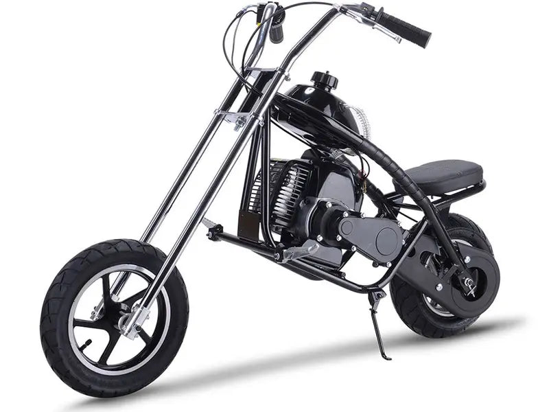 49cc Gas Mini Chopper  Black, 2-Stroke, 25mph, Kids Dirt Bike with Disc Brakes & Street Tires