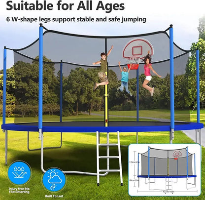 16-Foot Upgraded Trampoline with Enclosure Net and Adjustable Basketball Hoop