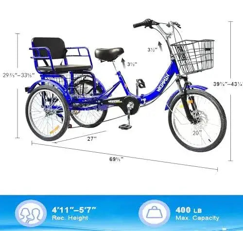 Foldable Adult Tricycle  20-Inch 7-Speed Blue Star-Striped 3-Wheeler for Comfortable Commuting