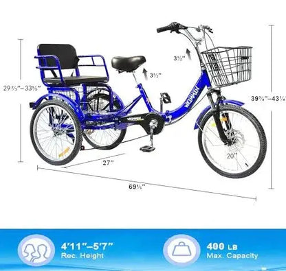 Foldable Adult Tricycle  20-Inch 7-Speed Blue Star-Striped 3-Wheeler for Comfortable Commuting
