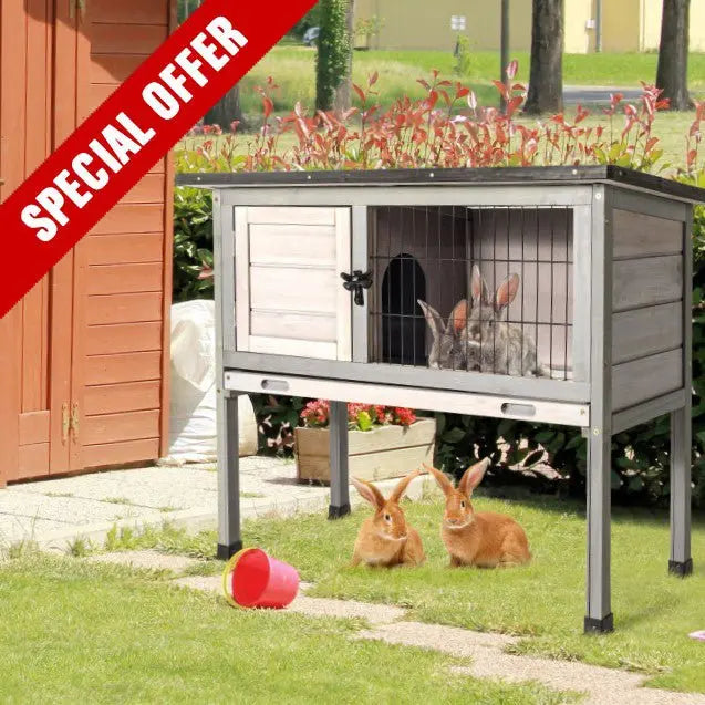 Dual-Use Elevated Wooden Hutch for Rabbits  Indoor/Outdoor Design with Slide-Out Tray for Easy Maintenance