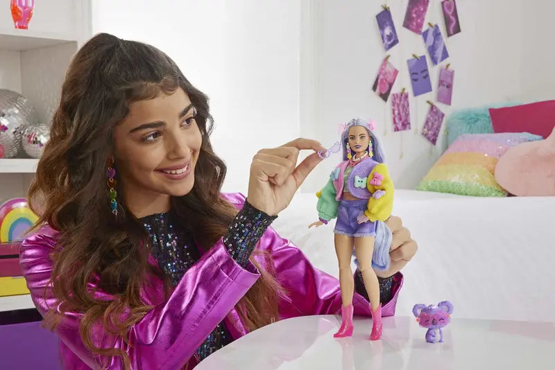 Barbie Extra Fashion Doll with Wavy Lavender Hair, Colorful Butterfly Sweater, Accessories & Pet