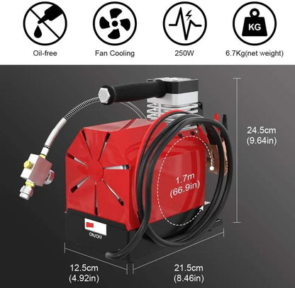CS2 Portable PCP Air Compressor  4500 PSI Oil-Free Unit with Dual Power Input (12V DC / 110V AC) & Moisture-Oil Separator