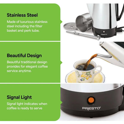Presto 12-Cup Stainless Steel Percolator  Fast-Brewing Stovetop Coffee Maker (Silver)