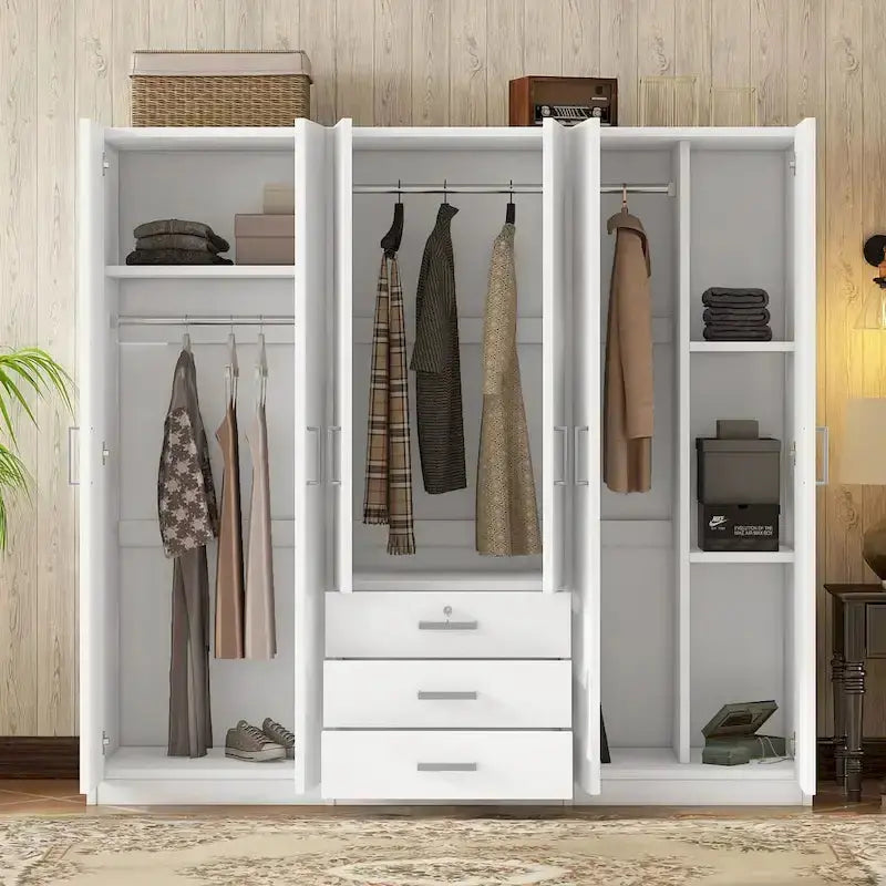 6-Door Wooden Bedroom Wardrobe  Spacious Storage Unit with 3 Large Bottom Drawers