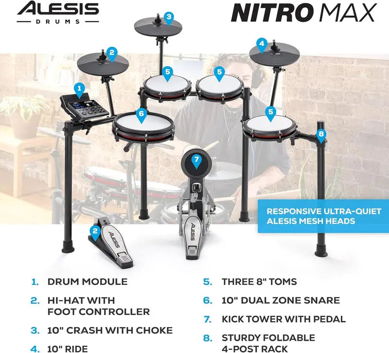 Nitro Max Bluetooth Electric Drum Kit  Mesh Head Pads, Wireless Connectivity, Full-Size Electronic Drum Set