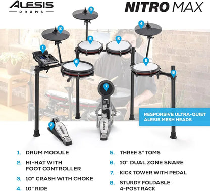Nitro Max Bluetooth Electric Drum Kit  Mesh Head Pads, Wireless Connectivity, Full-Size Electronic Drum Set