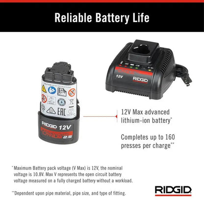 RIDGID RP 115 Mini Press Tool Kit for 1/2 in.  3/4 in. Copper &amp; Stainless Fittings with 12V Li-Ion Battery (Includes 6 Items) 72553